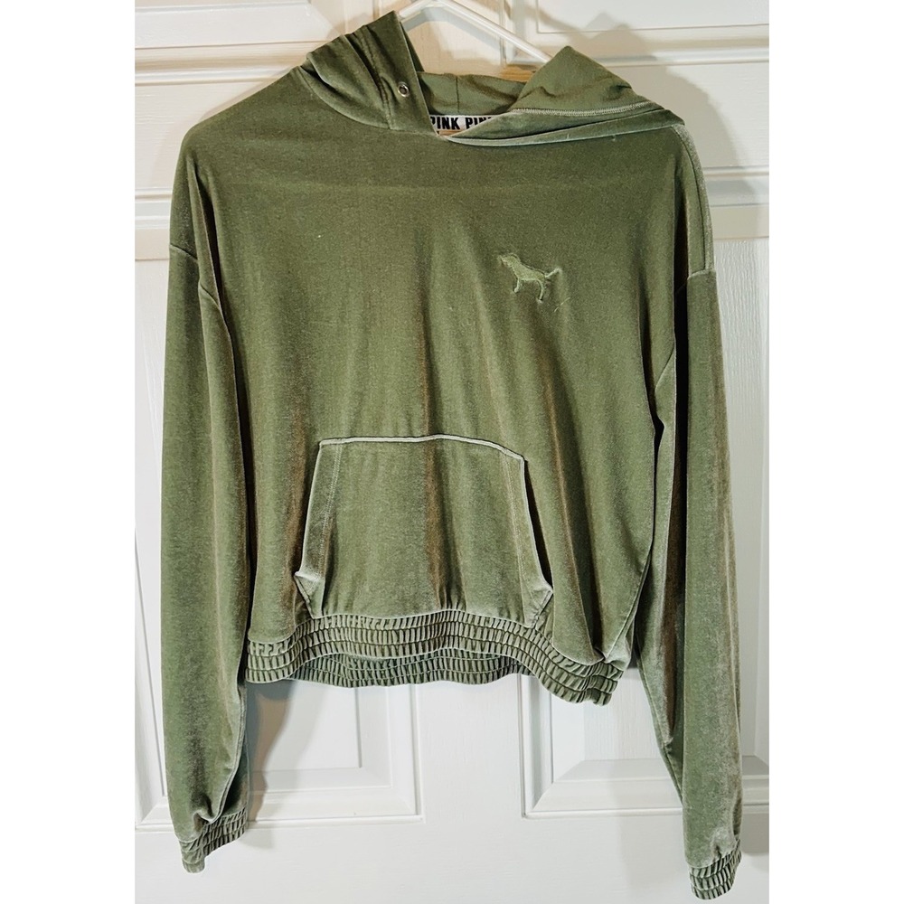 Victoria's Secret PINK Womens Small Green Velour Cropped Hoodie Pullover